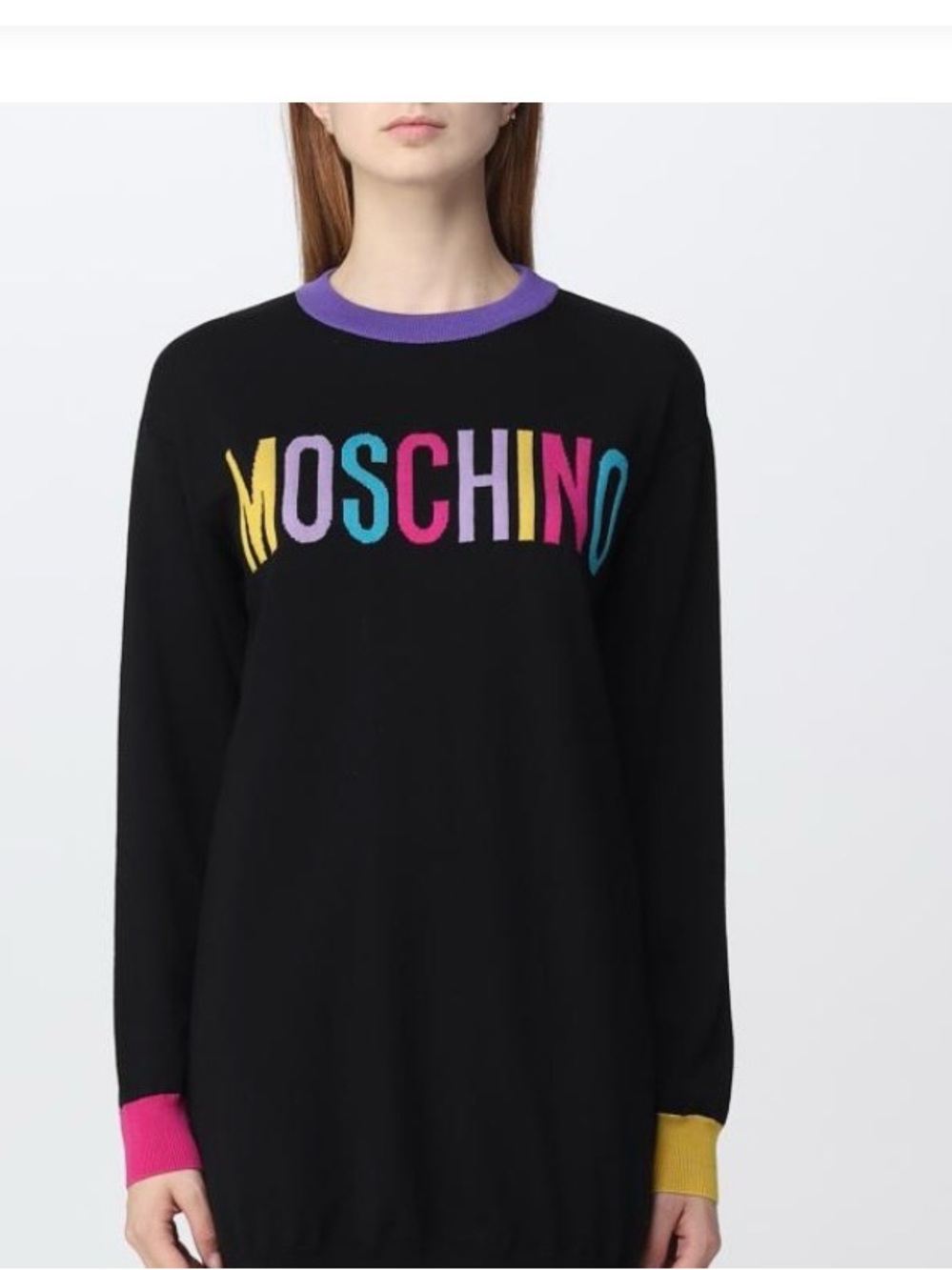 Moschino Black Knit Dress with Multicolor Logo and Bright Trim